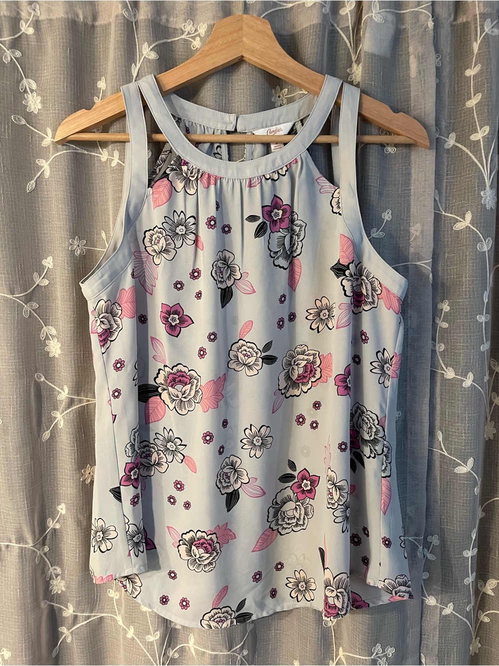Candie's Light Blue Floral Halter Tank with Pink & Black Accents